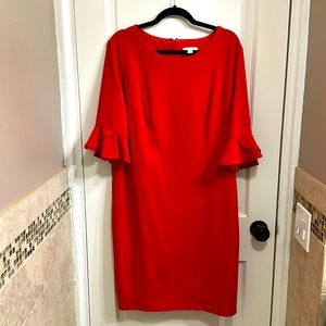 Fully lined red stretch sheath dress with bell sleeves